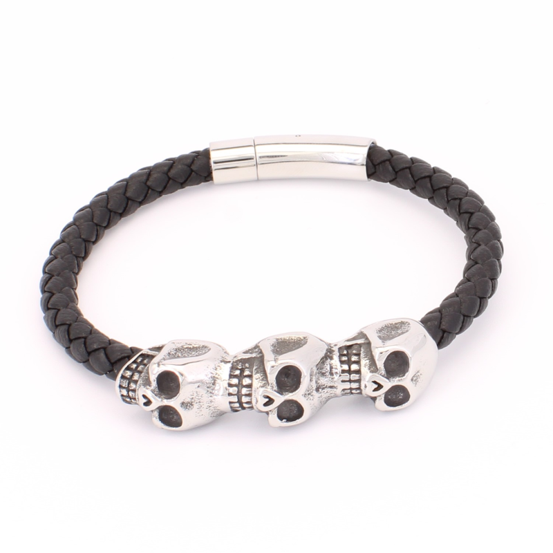 Bracelet Homme en Cuir Tressé Noir Têtes de Mort