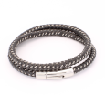 Bracelet Homme Double Cordon en Cuir Tressé Noir et Argenté